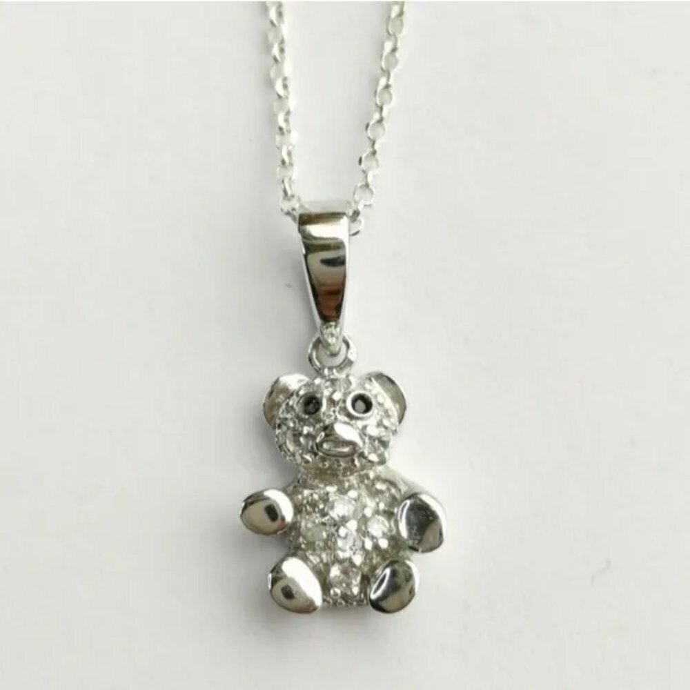 NEW Sterling silver cz teddy bear pendant necklace